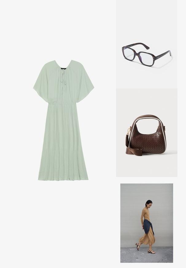 Mintgrünes Maxikleid mit kurzen, weiten Ärmeln, einem Kordelzug-Halsausschnitt und einem plissierten Rockdesign. Weicher Stoff mit einer fließenden Silhouette.; Frau geht in einem langen beigen Kleid und schwarzen Sandalen, mit einem dunklen Pullover, der um ihre Taille gebunden ist, vor einem geschlossenen Rollladenhintergrund.; Schildkrötenmuster rechteckige Brille mit klaren Gläsern, die über robuste Rahmen, goldene Akzente und ein elegantes Design verfügt.; Braune gewebte Lederhandtasche mit weißer Paspel, goldenem Reißverschluss und abnehmbarem braunem Stoff-Schulterriemen.