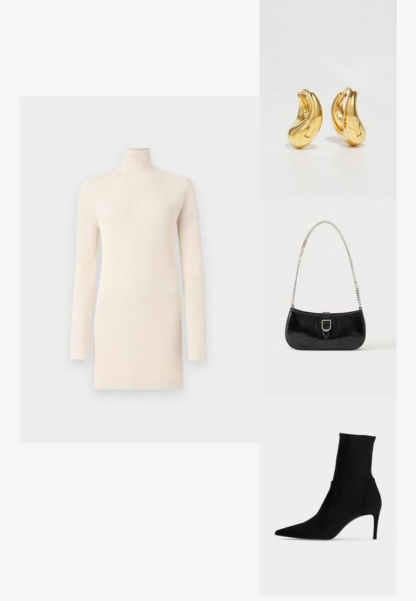 Robe crème en col roulé en tissu tricoté à côtes. Présente des manches longues et une silhouette ajustée, offrant un aspect lisse et texturé.; Bottine noire à bout pointu et talon haut et fin, présentée de profil sur fond clair. Design épuré et minimaliste.; Sac à épaule en cuir verni noir avec détail de boucle argentée et bandoulière en chaîne argentée, présenté sur un fond uni clair.; Boucles d'oreilles en or en forme de d'anneaux lisses et courbés avec une finition polie. Équipées d'un mécanisme de fermeture et de légères indentations pour le détail.