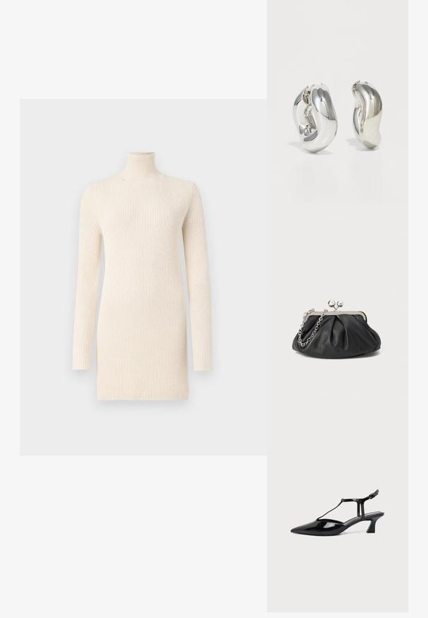 Vestido crema de cuello alto hecho de tejido de punto acanalado. Presenta mangas largas y una forma ajustada, proporcionando una apariencia suave y texturizada.; Zapato slingback de cuero charol negro con punta fina, tira en T y tacón bajo en bloque inclinado sobre fondo blanco.; Clutch de cuero negro con textura arrugada, marco de metal en tono plateado, cierre de beso y cadena para colgar. Superficie suave y lisa.; Pendientes escultóricos de plata con formas suaves y curvas y superficies reflectantes. Presentan un diseño de aro cerrado y una forma orgánica distintiva.