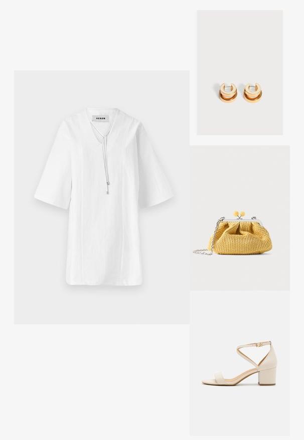 Witte linnen tuniek met een V-hals en korte mouwen. Kenmerkt zich door een trekkoordaccent bij de hals en gestikte details langs het lichaam.; Beige blokhak sandalen met een minimalistisch ontwerp, open neus en verstelbare enkelriem met een gouden gesp detail. Zachte textuur.; Kleine gele geweven handtas met een zilveren frame, twee gele bolklinken en een zilveren kettinghengsel op witte achtergrond.; Een paar goudkleurige oorringen met een bredere maansikkelvorm bovenop en een ronde ring die onder elk hangt.