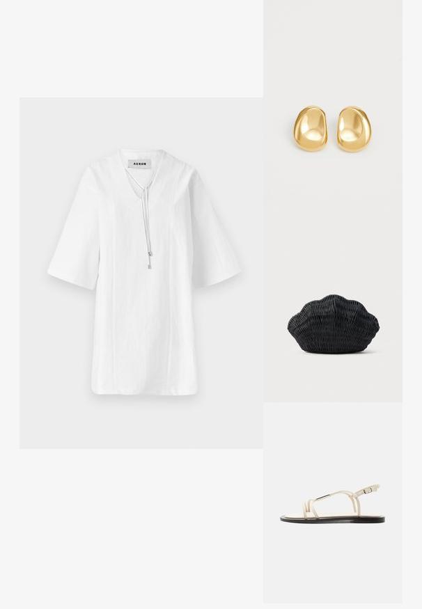 Tunique en lin blanc avec un décolleté en V et des manches courtes. Présente un accent à cordon au niveau du cou et des détails cousus le long du corps.; Sandale plate beige avec fines brides, accent argenté sur la bride supérieure et boucle réglable sur la bride de cheville, semelle noire.; Sac à main en osier noir en forme de coquille Saint-Jacques avec un dessus courbé et une texture tressée sur un fond uni.; Boucles d'oreilles en forme de clou de couleur or, avec une forme lisse et arrondie et une surface réfléchissante, mettant en avant un design minimaliste sans motifs visibles.