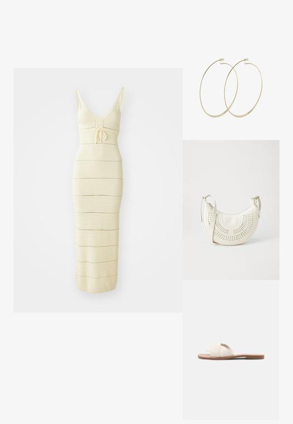Strick-Midikleid in hellem Creme mit tailliertem Schnitt, V-Ausschnitt, verstellbarem Bindeband in der Taille und horizontalen Streifenmustern.; Helle beigefarbene flache Sandalen mit überkreuzten Riemen, einem glatten synthetischen Obermaterial und einer braunen, flachen Gummisohle. Keine Verzierungen oder Muster.; Weiße vegane Leder-Schultertasche mit perforiertem, kreisförmigem Design, verstellbarem Tragegurt und eingegrifftem Logo auf der Vorderseite. Reißverschlussöffnung oben.; Pilgrim Ohrringe - gold-coloured