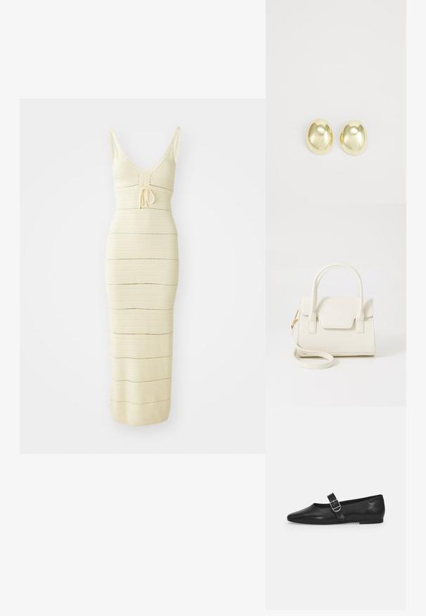 Strick-Midikleid in hellem Creme mit tailliertem Schnitt, V-Ausschnitt, verstellbarem Bindeband in der Taille und horizontalen Streifenmustern.; Schwarzer Lederflatschuh mit runder Zehenform, einem verstellbaren Schnallenriemen und einer glatten, glänzenden Oberfläche. Minimalistisches Design mit einem niedrigen Absatz.; Kleine weiße Handtasche mit doppelten Griffen, Frontklappe und abnehmbarem Schulterriemen mit goldener Schnalle vor weißem Hintergrund.; Goldfarbene Metallstanzohrringe mit einer glatten, abgerundeten Form und polierter Oberfläche. Einfaches Design ohne zusätzliche Verzierungen.