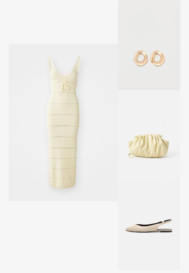 Strick-Midikleid in hellem Creme mit tailliertem Schnitt, V-Ausschnitt, verstellbarem Bindeband in der Taille und horizontalen Streifenmustern.; Beige Leder Slingback-Ballerinas mit spitzem Zeh, minimalistischem Design, glatter Textur und einer niedrigen schwarzen Sohle.; Gelbe, gefaltete Handtasche aus glattem Kunstleder mit weicher Form, einzigem Schulterriemen und gerafftem Oberteil.; Paar unregelmäßig geformter, polierter Creolen aus goldfarbenem Metall mit offenem Zentrum auf weißem Hintergrund.