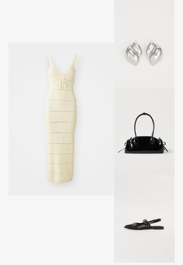 Strick-Midikleid in hellem Creme mit tailliertem Schnitt, V-Ausschnitt, verstellbarem Bindeband in der Taille und horizontalen Streifenmustern.; Even&Odd by Zalando Sling-Ballerina - black; Kleine schwarze glänzende Handtasche mit zwei langen Griffen und seitlichen Kordelzug-Details vor einfachem hellem Hintergrund.; Silberne Ohrringe mit einer organischen, abstrakten Form. Glatte, glänzende Oberfläche mit einem konischen Design. Mit dezenten Kurven und einem zentralen Linienelement.