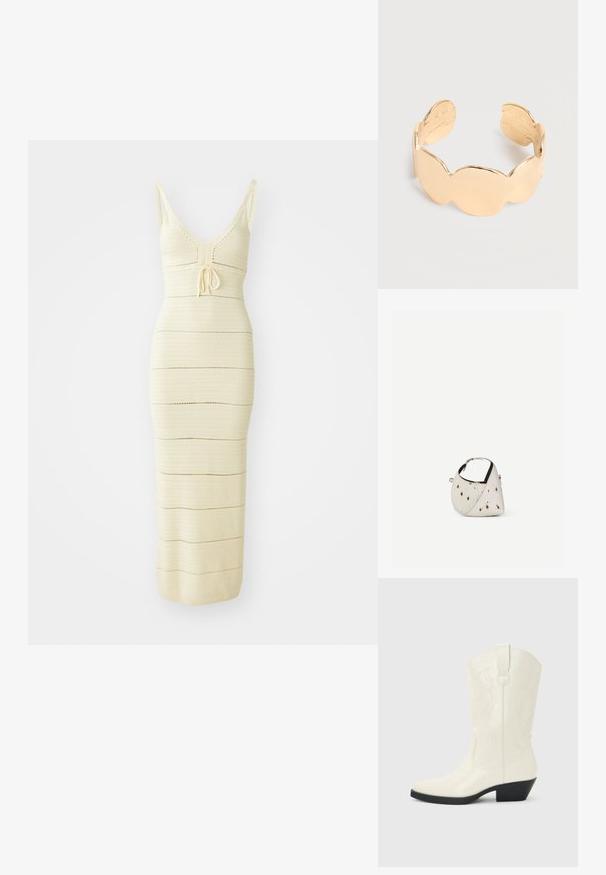Gebreide midi-jurk in lichtroom met een getailleerd ontwerp, V-hals, verstelbare strik in de taille en horizontale strepen.; Witte westernlaars tot halverwege de kuit met puntige neus, zwarte gestapelde hak, decoratieve stiknaden en een lus aan de schacht.; Kleine witte handtas met bruine vlekken, afgeronde driehoekige vorm, zwarte binnenvoering en korte verstelbare band met zilveren gesp.; Open gouden manchetarmband met afgeronde, gladde segmenten en een gepolijste, licht gestructureerde afwerking.