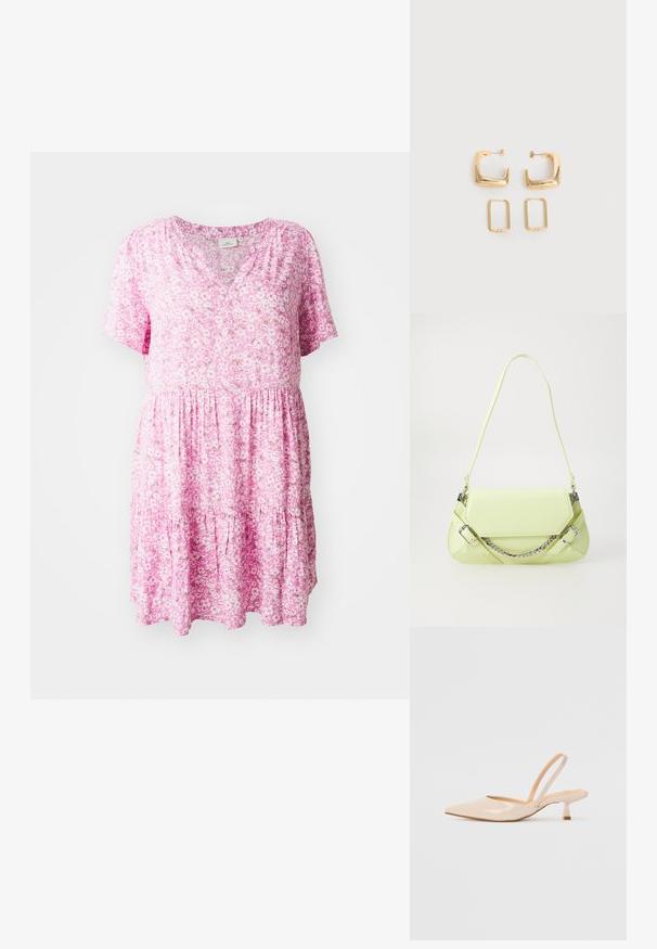 Rosa blomsterkjole med korte ærmer, V-hals og lagdelt design. Fremstillet af letvægtsstof, har små hvide og grønne blomster mønstre.; Beige patenteret læder slingback høje med spids tå og en slank, firkantet hæl. Glat tekstur og minimalistisk design uden udsmykninger.; Limegrøn syntetisk håndtaske med en glat overflade, en aftagelig kædestrop og dekorative spænder; rektangulær form med indsnævrede sider.; To par guldfarvede geometriske hoop-øreringe på en ensfarvet hvid overflade, et par firkantede og solide, et par rektangulære og hule.