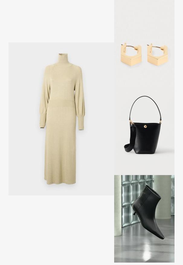 Strickkleid in sanftem Beige mit hohem Kragen, langen Puffärmeln und gerippten Akzenten an der Taille und den Ärmeln. Mittellanges Design.; Schwarzer Leder-Stiefelette mit spitzer Zehenpartie und niedrigem Kitten-Heel, schräg dargestellt vor einem polierten Boden und einer Glasbausteinwand.; Schwarze Leder-Bucket-Bag mit kurzem Griff und breitem, abnehmbarem Stoff-Schulterriemen, mit kleinem rundem goldenen Emblem vorne.; Ein Paar kleine geometrische Creolen aus goldfarbenem Metall mit kantigen Kanten und Steckverschluss auf einem hellen Hintergrund.