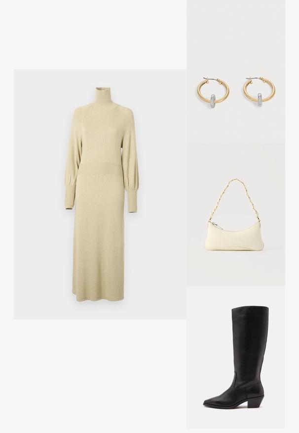 Strickkleid in sanftem Beige mit hohem Kragen, langen Puffärmeln und gerippten Akzenten an der Taille und den Ärmeln. Mittellanges Design.; Schwarzer Lederstiefel bis zur Wade mit spitzer Spitze und niedrigem schrägem Absatz vor einfachem hellem Hintergrund.; Kleine handtasche in Cremefarben mit geschwungener Form und geflochtenem, goldfarbenem Kettenhenkel, Reißverschluss oben; Paar goldfarbene Creolen mit kleinem silberfarbenem Schlaufen-Detail an jeder, vor hellem grauem Hintergrund präsentiert.