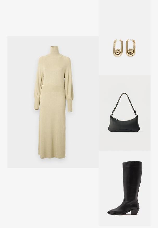 Strickkleid in sanftem Beige mit hohem Kragen, langen Puffärmeln und gerippten Akzenten an der Taille und den Ärmeln. Mittellanges Design.; Schwarzer Lederstiefel bis zur Wade mit spitzer Spitze und niedrigem schrägem Absatz vor einfachem hellem Hintergrund.; Schwarze Lederschultertasche mit gewölbter rechteckiger Form, goldener Kette, die in den geflochtenen schwarzen Riemen eingewebt ist, und Reißverschlussverschluss oben.; BOSS DOUBLE B SWING - Ohrringe - gold-coloured