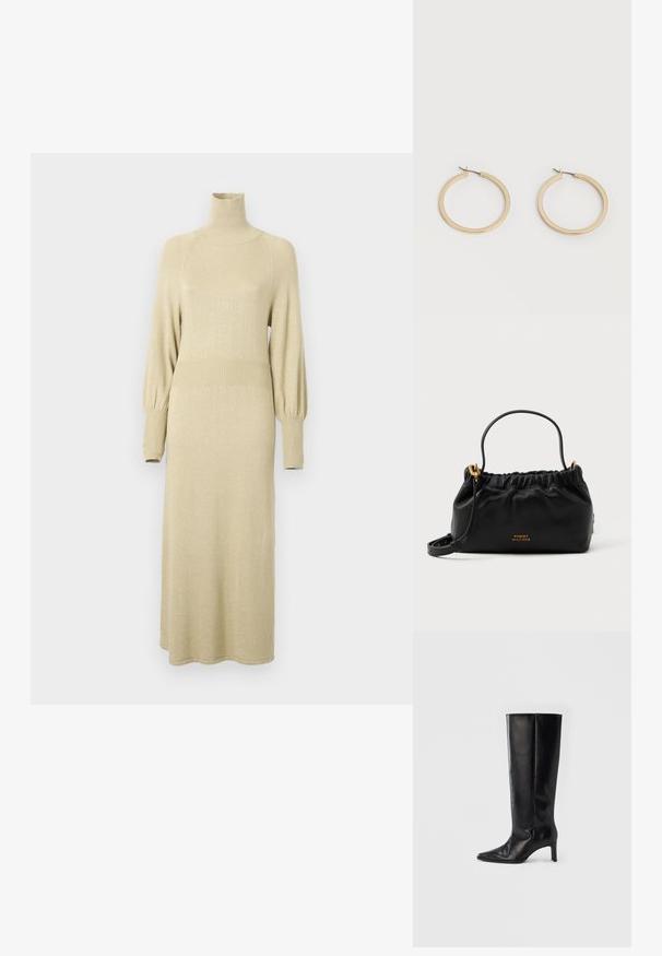 Strickkleid in sanftem Beige mit hohem Kragen, langen Puffärmeln und gerippten Akzenten an der Taille und den Ärmeln. Mittellanges Design.; Schwarze kniehohe Stiefel aus glattem Leder, mit spitzer Zehenpartie und schlankem Absatz, ausgestattet mit einem anliegenden Schaft und minimalistischem Design.; Schwarze Lederhandtasche mit gerafftem Oberteil, einem kurzen Griff und einem abnehmbaren Schulterriemen. Verfügt über ein goldfarbenes Logo-Accessoire und eine glatte Textur.; Paar mittelgroße, glatte Creolen in Goldton mit Scharnier-Verschlüssen auf einem einfarbigen hellen Hintergrund.
