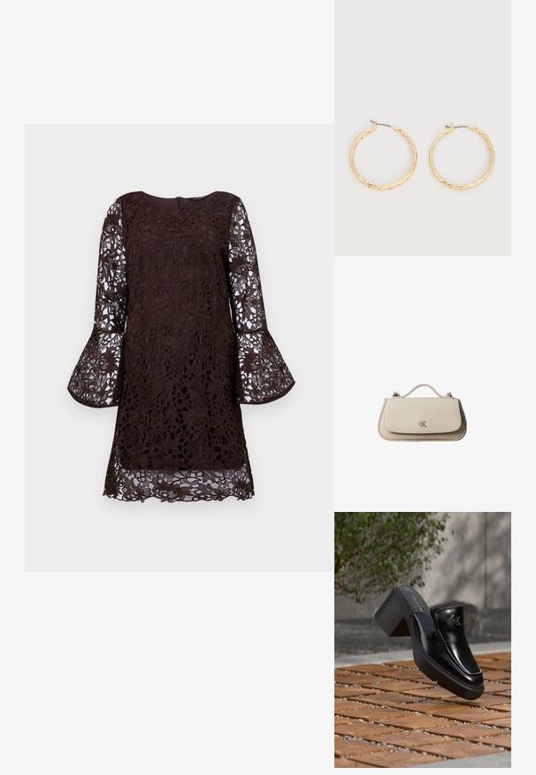 Καφέ δαντελέν dresses με μακριές μανίκες καμπάνα, εσωτερικά λουλούδια και στρογγυλή λαιμόκοψη. Κλείσιμο με φερμουάρ στο πίσω μέρος, μήκος μέχρι το γόνατο.; Μαύρο δερμάτινο slip-on mule από Calvin Klein με χοντρό τακούνι που ακουμπά σε ξύλινα πλακάκια σε εξωτερικό χώρο κοντά σε ένα πράσινο φυτό και γκρίζο τοίχο.; Μικρή μπεζ δερμάτινη τσάντα χειρός με επάνω λαβή και ασημένιο λογότυπο CK στη μπροστινή πτερύγιο, εμφανίζεται σε λευκό φόντο.; Ζευγάρι από επίχρυσα τετράγωνα σκουλαρίκια κρίκους με λεπτές ακίδες σε λευκό φόντο.