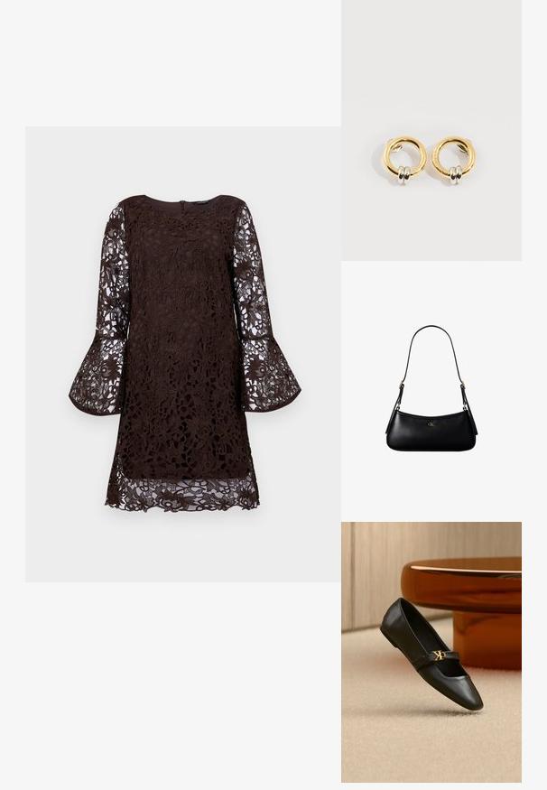 Vestido marrón de encaje con mangas acampanadas largas, con patrones florales y un escote redondo. Cierre de cremallera en la parte posterior, estilo a la altura de la rodilla.; Zapato plano de cuero negro con puntera puntiaguda y logo dorado de CK en la correa, colocado sobre una alfombra beige cerca de una mesa redonda marrón ámbar.; Mini bolso negro de cuero para hombro con correa delgada y pequeño logo dorado CK en el centro frontal.; Pendientes circulares de oro con dos pequeños anillos de plata en cada uno, que muestran detalles sutiles del nombre de la marca grabado, colocados sobre un fondo blanco.