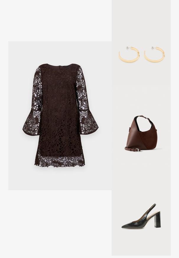 Braunes Spitzenkleid mit langen Glockenärmeln, das Blumenmuster und einen runden Halsausschnitt aufweist. Mit Reißverschluss auf der Rückseite, knielange Passform.; Schwarzer Leder-Slingback-Schuh mit spitzer Kappe, hohem Blockabsatz und beigegefüttertem Innenraum vor hellem, einfarbigem Hintergrund.; Braune Schultertasche aus Leder und Wildleder mit geschwungener Form, verstellbarem Riemen und silberner Schnalle auf hellem, einfarbigem Hintergrund.; Goldfarbene, strukturierte Halbkreolen-Ohrringe mit Stecker und Schmetterlingsverschluss auf einer schlichten weißen Oberfläche.