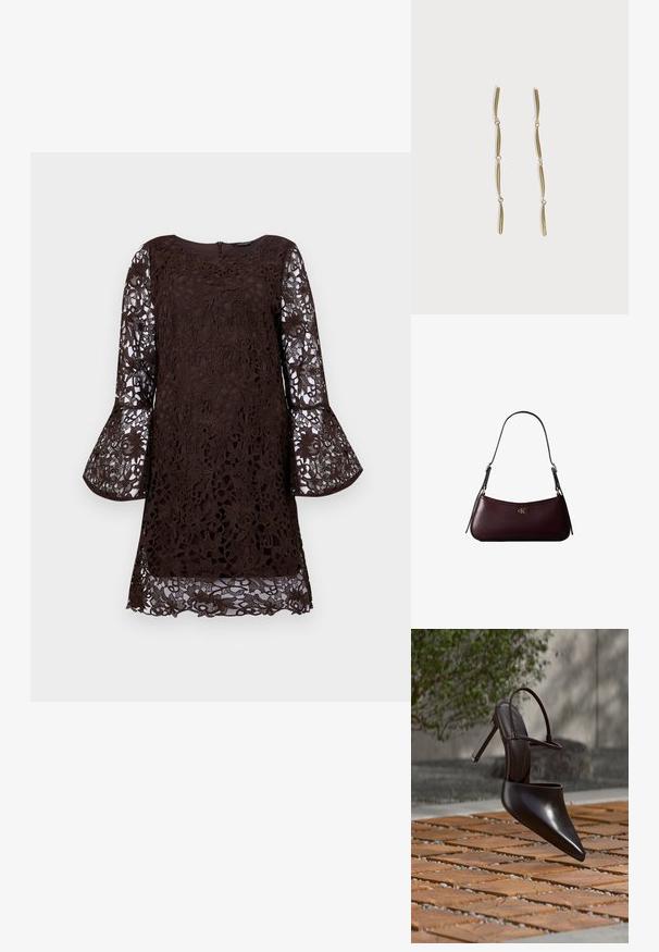 Braunes Spitzenkleid mit langen Glockenärmeln, das Blumenmuster und einen runden Halsausschnitt aufweist. Mit Reißverschluss auf der Rückseite, knielange Passform.; Glänzender schwarzer Mule mit hohem Absatz, spitzer Zehenpartie und Knöchelriemen, schwebend über einer Oberfläche aus terrakottafarbenen Fliesen mit Kieslücken.; Dunkelburgunderfarbene Lederhandtasche mit schmalem schwarzem Schulterriemen und kleinem goldenem "cK" Logo vorne in der Mitte.; Lange goldene Ohrringe, bestehend aus vier verlängerten verbundenen gebogenen Stäben auf weißem Hintergrund.