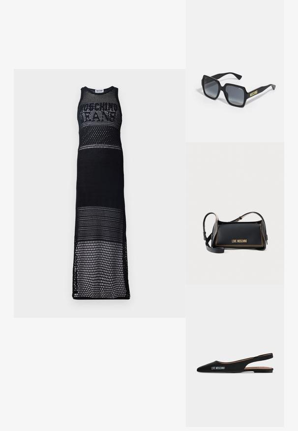 Must mustriga maxi kleit ilma varrukateta disainiga. Omab suurt logo rinna piirkonnas, esitledes avatud kudumismustrit ja sirget siluetti.; Mustad teravaotste slingback-madalad kontsaga kingad, külgedel "LOVE MOSCHINO" logo, tavalise heleda taustaga.; Mustad mustad päikeseprillid hallide gradient läätsedega; sisaldab peeneid detaile ja "MOSCHINO" brändimist kollasena varre peal.; Must ristkülikukujuline Love Moschino käekott kuldse õmbluse ja reguleeritava õlarihmaga tavalise tausta ees.