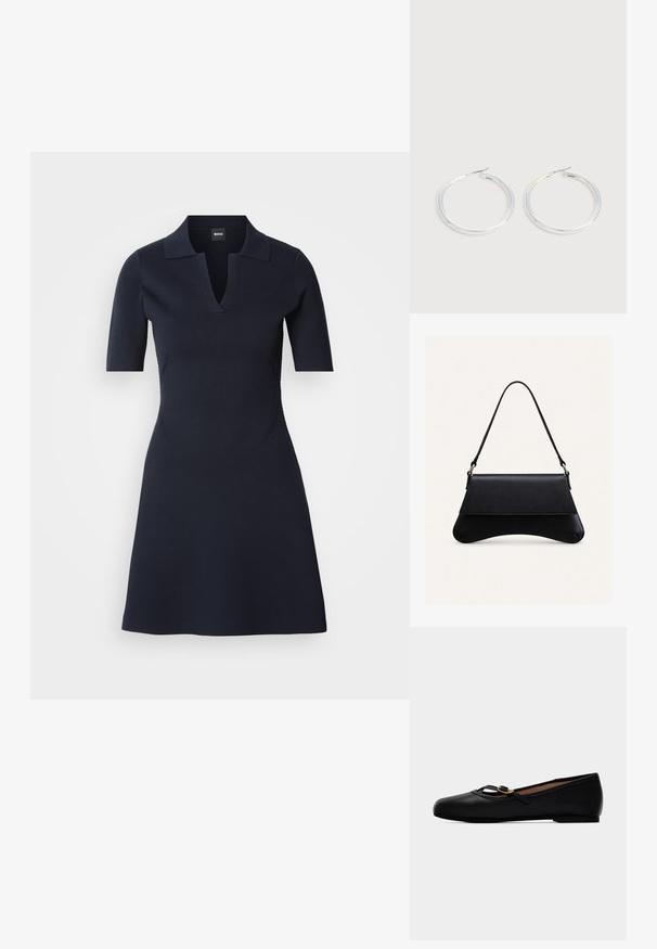 Navyblaues Polo-Kleid mit kurzen Ärmeln und V-Ausschnitt, tailliertem Oberteil und ausgestelltem Rock. Hergestellt aus strukturiertem Material mit dezenten Seitennähten.; Schwarzer flacher Lederschuh mit dünnem Riemen und kleiner goldener herzförmiger Schnalle, abgerundete Spitze und niedriger Absatz.; Schwarze Lederhandtasche mit abgerundetem Boden, Klappverschluss und dünnem, einzelnen Schulterriemen vor schlichtem, hellem Hintergrund.; Paar glänzende silberne Creolen mit dünnen Drahtverschlüssen, dargestellt vor einem hellgrauen Hintergrund.