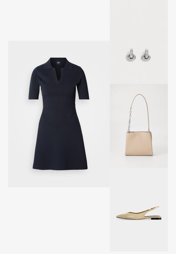Navyblaues Polo-Kleid mit kurzen Ärmeln und V-Ausschnitt, tailliertem Oberteil und ausgestelltem Rock. Hergestellt aus strukturiertem Material mit dezenten Seitennähten.; Beiger Slingback-Ballerina mit spitzer Kappe, niedrigem schwarzem Absatz und glattem Lederfinish, seitlich auf einfarbigem Hintergrund gezeigt.; Beige Lederhandtasche mit glatter Textur, ausgestattet mit einem silbernen Kettenakzent am Griff und einem Reißverschluss. "HUGO" ist auf der Vorderseite geprägt.; Paar kleine, glänzende silberne Creolen mit rundem Sockel, auf einfachem hellem Hintergrund präsentiert.