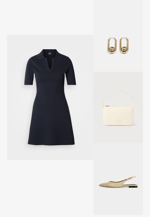 Marineblå kortærmet polo kjole med V-hals, tætsiddende overdel og udskåret nederdel. Fremstillet af struktureret stof med subtile sidesømme.; Beige spids tå slingback flad sko med lav sort hæl og en glat læderfinish, vist fra siden på en ensfarvet baggrund.; Kremfarvet rektangulær håndtaske med en enkelt rem og lynlås øverst, med en lille præget logo-plakette foran.; BOSS DOUBLE B SWING - Øreringe - gold-coloured