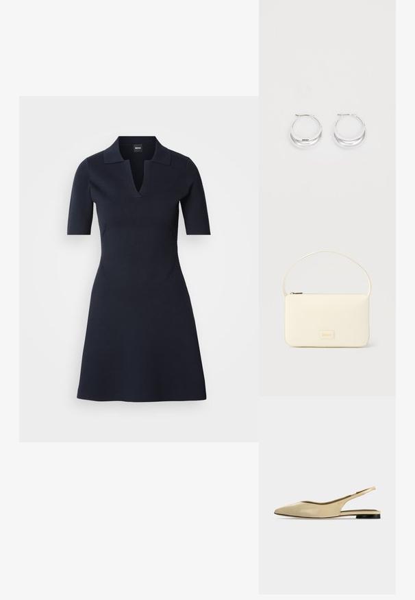 Navyblaues Polo-Kleid mit kurzen Ärmeln und V-Ausschnitt, tailliertem Oberteil und ausgestelltem Rock. Hergestellt aus strukturiertem Material mit dezenten Seitennähten.; Beiger Slingback-Ballerina mit spitzer Kappe, niedrigem schwarzem Absatz und glattem Lederfinish, seitlich auf einfarbigem Hintergrund gezeigt.; Rechteckige Handtasche in Cremefarbe mit einem einzelnen Trageriemen und Reißverschluss oben, ausgestattet mit einer kleinen, geprägten Logoplakette vorne.; Silberne Creolen mit glänzender Oberfläche und DKNY-Logo, vor einem schlichten weißen Hintergrund präsentiert.