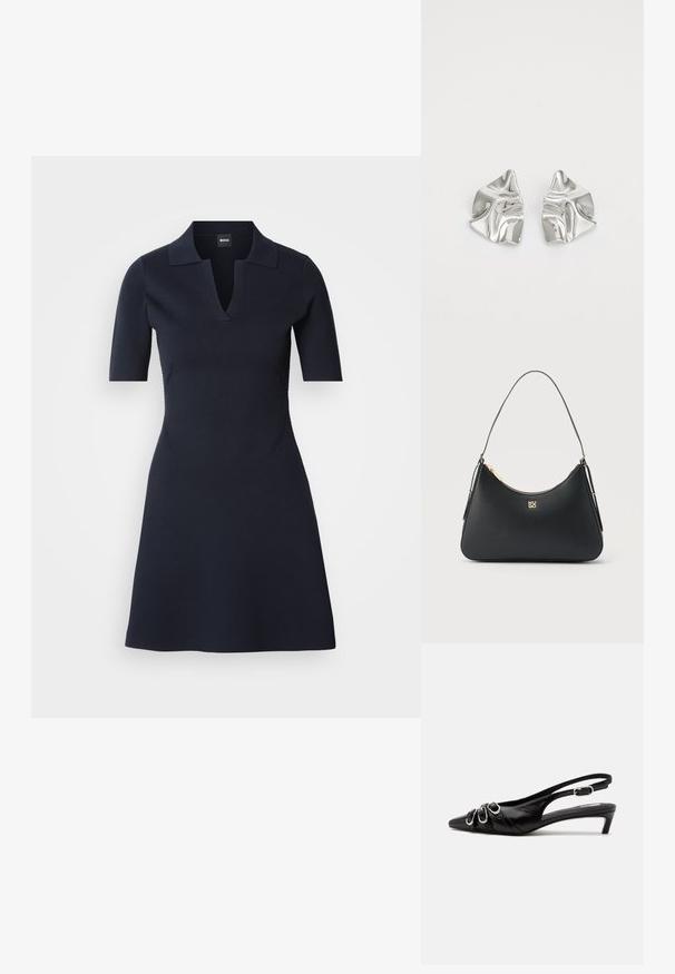 Marineblauwe polo jurk met korte mouwen en een V-hals, getailleerde bovenkant en uitlopende rok. Gemaakt van een textiele stof met subtiele zijnaad.; Zwarte leren slingback schoen met puntige neus, drie zilveren gespen aan de voorkant en lage kittenhak op witte achtergrond.; Zwarte leren handtas met gouden rits, dunne band en gouden "HUGO" logo in het midden aan de voorkant.; Zilveren metalen oorbellen met een golvend, sculpturaal ontwerp, voorzien van een gepolijste afwerking en onregelmatige vormen, die een hedendaagse esthetiek benadrukken.