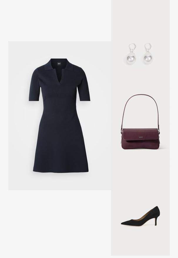 Vestido polo de manga corta en azul marino con escote en V, cuerpo ajustado y falda acampanada. Confeccionado en tela texturizada con costuras laterales sutiles.; Salón de ante negro con punta puntiaguda, tacón de aguja delgado de altura media y diseño de corte bajo sobre un fondo liso.; Bolso de cuero burdeos con un diseño estructurado, que cuenta con un cierre de solapa y una correa ajustable. Detalle del logotipo grabado en la parte frontal.; Pendientes de plata en forma de gota con superficies redondas y reflectantes colgando de cierres de palanca. El fondo es blanco liso.