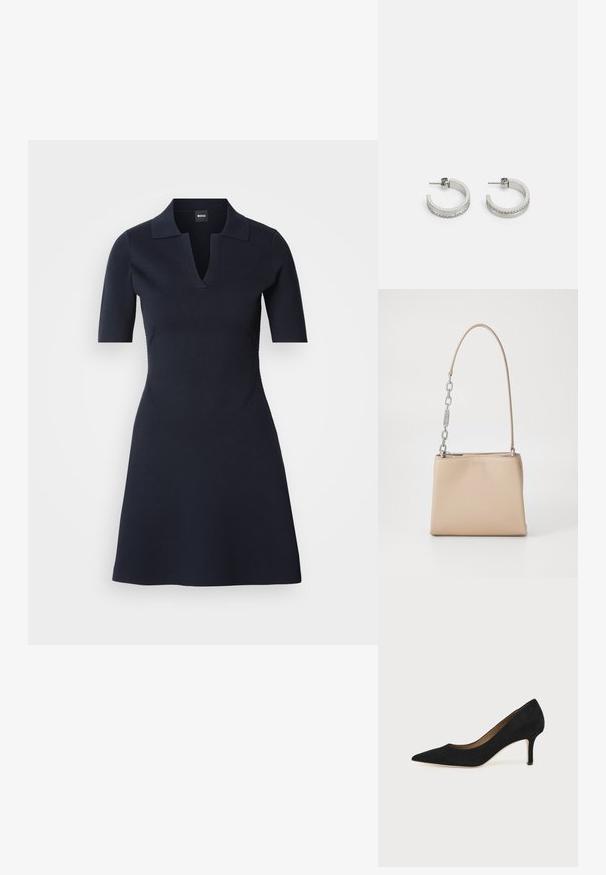 Navyblaues Polo-Kleid mit kurzen Ärmeln und V-Ausschnitt, tailliertem Oberteil und ausgestelltem Rock. Hergestellt aus strukturiertem Material mit dezenten Seitennähten.; Schwarzer Wildleder-Pumps mit spitzer Schuhspitze, schlankem mittelhohem Stiletto-Absatz und tiefem Ausschnitt auf einfachem Hintergrund.; Beige Lederhandtasche mit glatter Textur, ausgestattet mit einem silbernen Kettenakzent am Griff und einem Reißverschluss. "HUGO" ist auf der Vorderseite geprägt.; Silberne Creolen mit einer glatten Oberfläche und einer Reihe kleiner klarer Steine entlang der unteren Kante, mit einer Steckverschluss.