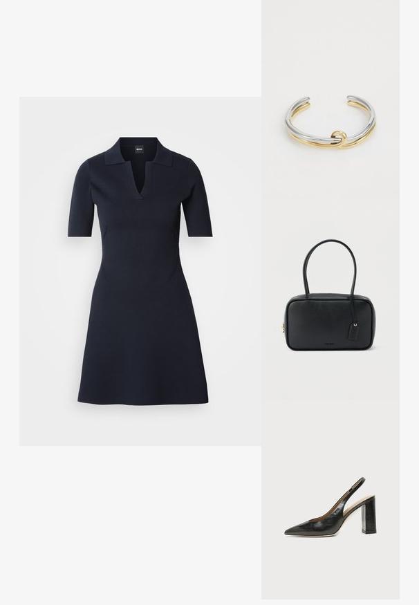 Navyblaues Polo-Kleid mit kurzen Ärmeln und V-Ausschnitt, tailliertem Oberteil und ausgestelltem Rock. Hergestellt aus strukturiertem Material mit dezenten Seitennähten.; Schwarzer Leder-Slingback-Schuh mit spitzer Kappe, hohem Blockabsatz und beigegefüttertem Innenraum vor hellem, einfarbigem Hintergrund.; Schwarze rechteckige Handtasche mit doppelten, abgerundeten Griffen, goldfarbenem Reißverschluss und geprägtem „HUGO“-Logo auf der Vorderseite sowie angebrachtem Lederanhänger.; Metallarmband mit ineinander verschlungenen Silber- und Goldbändern sowie einer glatten, polierten Oberfläche. Auffälliges Knotendetail in der Mitte.