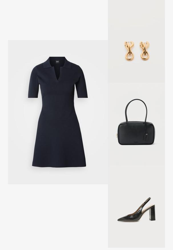 Marineblauwe polo jurk met korte mouwen en een V-hals, getailleerde bovenkant en uitlopende rok. Gemaakt van een textiele stof met subtiele zijnaad.; Zwarte leren slingback schoen met spits toelopend neusje, hoge blokhak en beige binnenvoering tegen een effen lichte achtergrond.; Zwarte rechthoekige handtas met dubbele afgeronde handvaten, gouden ritssluiting en geperst "HUGO" logo aan de voorkant met een aangehecht lederen label.; Een paar glanzende oorringen in goudkleur met een lusvormige, gedraaide en verstrengelde ontwerp, afgebeeld op een eenvoudige witte achtergrond.