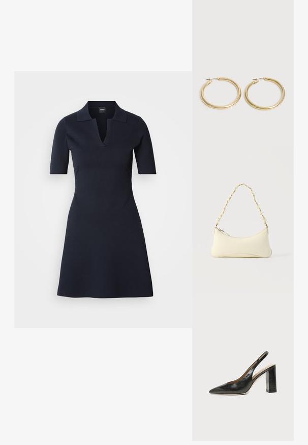 Vestido polo de manga corta en azul marino con escote en V, cuerpo ajustado y falda acampanada. Confeccionado en tela texturizada con costuras laterales sutiles.; Zapato slingback de piel negra con puntera puntiaguda, tacón alto y ancho, y forro interior beige sobre un fondo claro y liso.; Bolso pequeño de color crema con forma curva y asa de cadena trenzada en tono dorado, cierre con cremallera en la parte superior; Par de pendientes de aro de oro liso y brillante con postes delgados y cierres con bisagra sobre un fondo claro y sencillo.