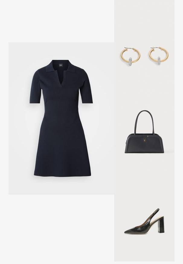 Navyblaues Polo-Kleid mit kurzen Ärmeln und V-Ausschnitt, tailliertem Oberteil und ausgestelltem Rock. Hergestellt aus strukturiertem Material mit dezenten Seitennähten.; Schwarzer Leder-Slingback-Schuh mit spitzer Kappe, hohem Blockabsatz und beigegefüttertem Innenraum vor hellem, einfarbigem Hintergrund.; Schwarze Ledertasche mit strukturiertem Design, ausgestattet mit einem Tragegriff oben und einem kleinen goldfarbenen Akzent vorne.; Paar goldfarbene Creolen mit kleinem silberfarbenem Schlaufen-Detail an jeder, vor hellem grauem Hintergrund präsentiert.