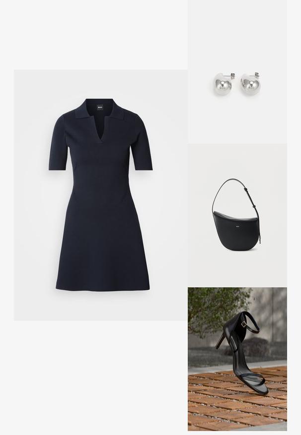 Navyblaues Polo-Kleid mit kurzen Ärmeln und V-Ausschnitt, tailliertem Oberteil und ausgestelltem Rock. Hergestellt aus strukturiertem Material mit dezenten Seitennähten.; Schwarze Sandalette mit hohem Absatz und Knöchelriemen schwebt über einem Holzboden im Freien vor verschwommenem Grün und Steinhintergrund.; Schwarze halbmondförmige Lederschultertasche mit verstellbarem Schulterriemen und goldenem "BOSS"-Logo mittig vorne.; Silberne Tropfohrringe mit abgerundeten, reflektierenden Oberflächen; minimalistisches Design mit glatter Textur und subtilen Brandingdetails.