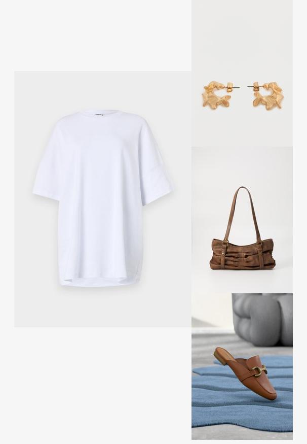 Kortærmet, oversized hvid t-shirt lavet af bomuld. Rund halsudskæring, sidesprækker ved kanten og glat tekstur uden synlige mønstre eller detaljer.; Brun læders slip-on loafer med gyldent hestebidsdetalje placeret på et struktureret blåt tæppe med gråt polstret møbel i baggrunden.; Even&Odd Håndtasker - brown; Øreringe i guldfarve med en abstrakt, organisk form, der har en tekstureret overflade og lukkemekanisme med stik.
