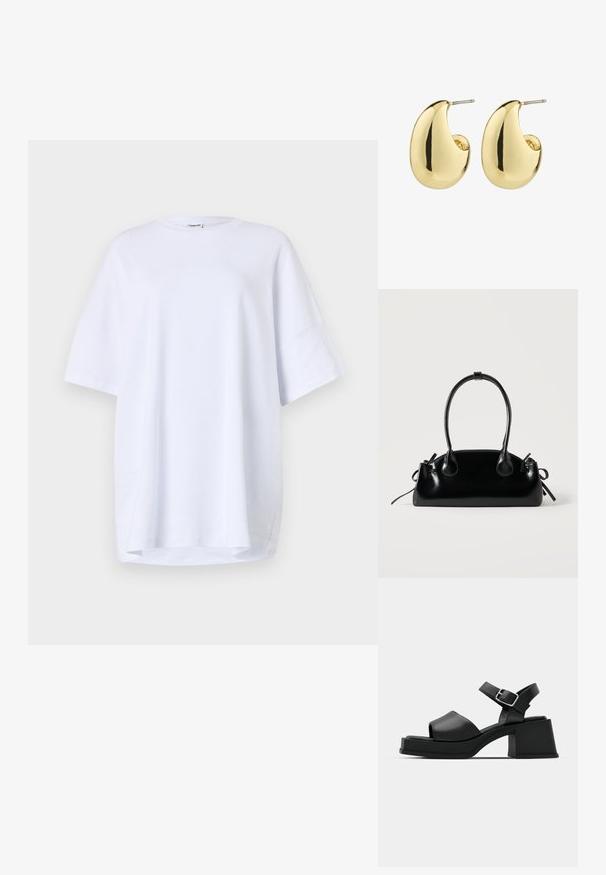 Kortærmet, oversized hvid t-shirt lavet af bomuld. Rund halsudskæring, sidesprækker ved kanten og glat tekstur uden synlige mønstre eller detaljer.; Sorte læder platform sandaler med peep-toe design, ankelrem og en kraftig firkantet hæl. Glat tekstur og minimalistisk stil.; Lille sort blank håndtaske med to lange håndtag og snøre-detaljer i siden på en ensfarvet lys baggrund.; Guldtonede studøreringe med en glat, poleret overflade i en abstrakt, tårnform. Simple metalpind til fastgørelse.