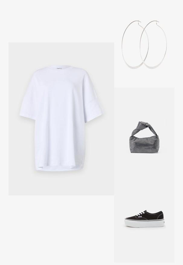 Camiseta blanca de algodón de manga corta y corte oversize. Cuello redondo, aberturas laterales en el dobladillo y textura suave sin patrones o acentos visibles.; Zapatilla de lona negra con suela de plataforma de goma blanca, que presenta cordones y costuras blancas, con branding icónico en el lateral, diseño de corte bajo.; Bolso de mano negro y plateado con una superficie texturizada que presenta un patrón de diamante, un asa anudada y una forma estructurada.; Pendientes de aro plateados con un diseño delgado y suave; forma ovalada alargada; acabado pulido; presentan un cierre de gancho seguro.