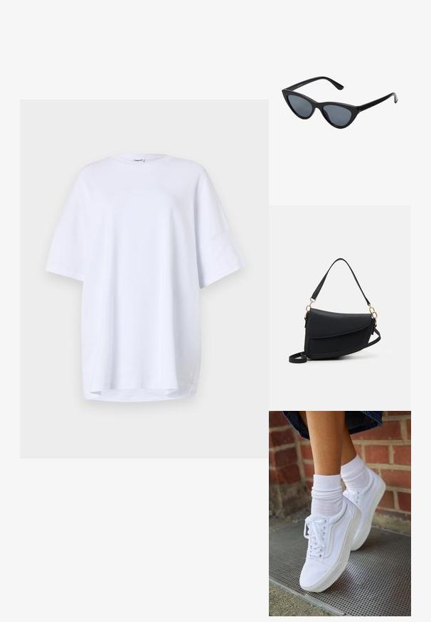 Camiseta blanca de algodón de manga corta y corte oversize. Cuello redondo, aberturas laterales en el dobladillo y textura suave sin patrones o acentos visibles.; Zapatillas de lona blancas con suelas de goma, que presentan seis ojales, puntera redonda y detalles de costura ligera, combinadas con calcetines blancos hasta el tobillo.; Gafas de sol negras en forma de ojo de gato con lentes gris oscuro, marco de plástico elegante, esquinas puntiagudas y patillas rectas. Sin herrajes ni acentos visibles.; Bolso de mano de cuero negro con un acabado texturizado, que cuenta con una sola correa para el hombro y acentos de hardware dorado. El diseño es elegante y minimalista.