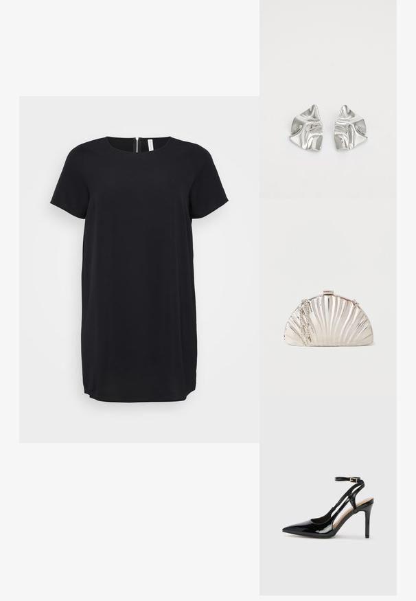 Vestido negro de manga corta con escote redondo y cremallera oculta en la parte trasera. Hecho de una tela suave con corte recto y dobladillo hasta la rodilla.; Zapato de charol negro de tacón alto, tipo slingback, con punta afilada, correa ajustable en el tobillo y lados abiertos. Textura lisa.; Bolso de mano plateado metálico con forma de concha marina y una correa de cadena plateada colgada a un lado.; Pendientes de metal plateado con un diseño ondulado y escultórico, que presentan un acabado pulido y formas irregulares, destacando una estética contemporánea.