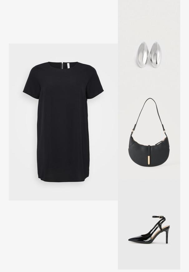 Vestido negro de manga corta con escote redondo y cremallera oculta en la parte trasera. Hecho de una tela suave con corte recto y dobladillo hasta la rodilla.; Zapato de charol negro de tacón alto, tipo slingback, con punta afilada, correa ajustable en el tobillo y lados abiertos. Textura lisa.; Bolso negro en forma de media luna con una sola correa, cremallera dorada y una lengüeta decorativa rectangular dorada en la parte delantera.; Par de objetos ovalados de plata, lisos y brillantes, colocados uno al lado del otro sobre un fondo blanco puro.