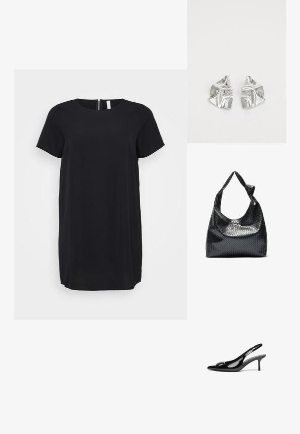 Schwarzes kurzes Kleid mit kurzen Ärmeln und rundem Ausschnitt sowie einem versteckten Reißverschluss auf der Rückseite. Aus glattem Stoff gefertigt, mit geradem Schnitt und knielangem Saum.; Schwarze patentierte Slingback-Absätze mit spitzem Zehenbereich und glänzender Oberfläche. Besitzt einen schlanken Absatz und eine abgerundete Akzentuierung am Schuhoberteil.; Schwarze gewebte Lederhandtasche mit lässigem Design, ausgestattet mit einem geknoteten Trageriemen und einem kleinen dekorativen goldenen Nagel am oberen Rand.; Silberne Metallohrringe mit einem wellenförmigen, skulpturalen Design, das eine polierte Oberfläche und unregelmäßige Formen aufweist, die eine zeitgenössische Ästhetik betonen.