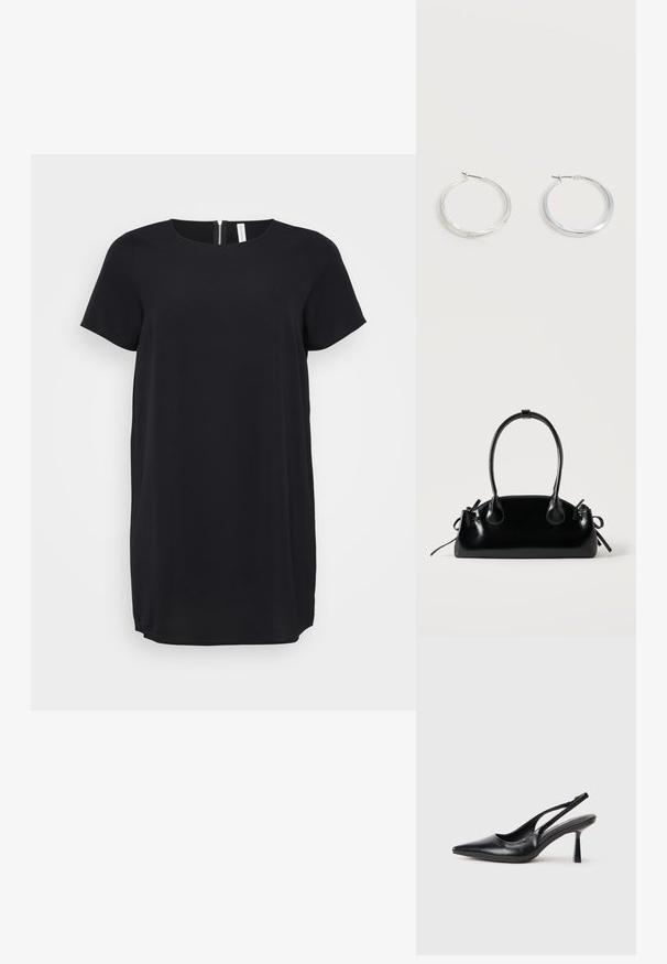 Vestido negro de manga corta con escote redondo y cremallera oculta en la parte trasera. Hecho de una tela suave con corte recto y dobladillo hasta la rodilla.; Zapato de tacón alto negro de cuero con puntera afilada y tacón delgado sobre un fondo blanco.; Pequeño bolso negro brillante con dos asas largas y detalles de cordón lateral sobre un fondo claro liso.; Pendientes de aro de metal plateado con superficie lisa y ligeramente curvada y cierre de tipo mosquetón sobre un fondo blanco liso.