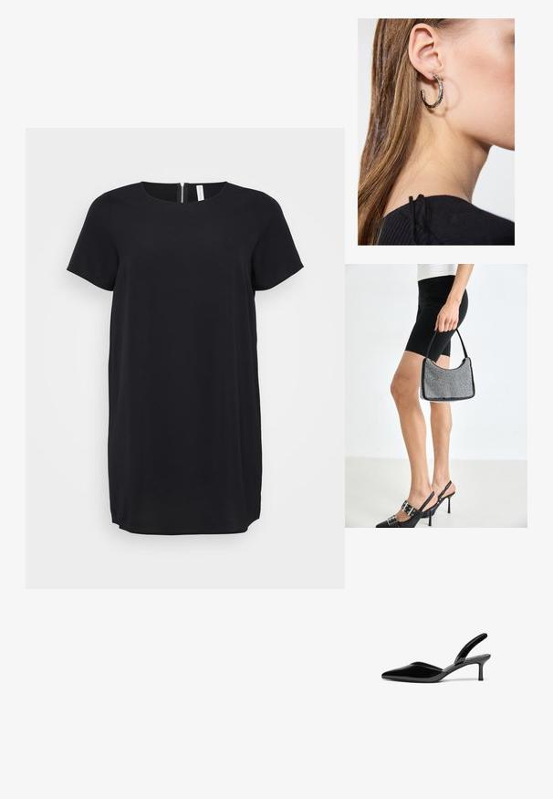 Sort kortærmet kjole med rund halsudskæring og en skjult lynlås i ryggen. Lavet af glat stof med lige snit og knælængde.; Sorte patentlæder slingback hæle med spids tå, lav stiletto hæl og et elegant, enkelt design uden pynt.; Sort perlehandtaske med en buet silhuet, bærehåndtag og blank overflade. Båret med højhælede sorte sko og tætsiddende sorte shorts.; Sølv hoop ørestik med en poleret overflade, prydet med små guld accenter og en rund form, båret på øreflippen.