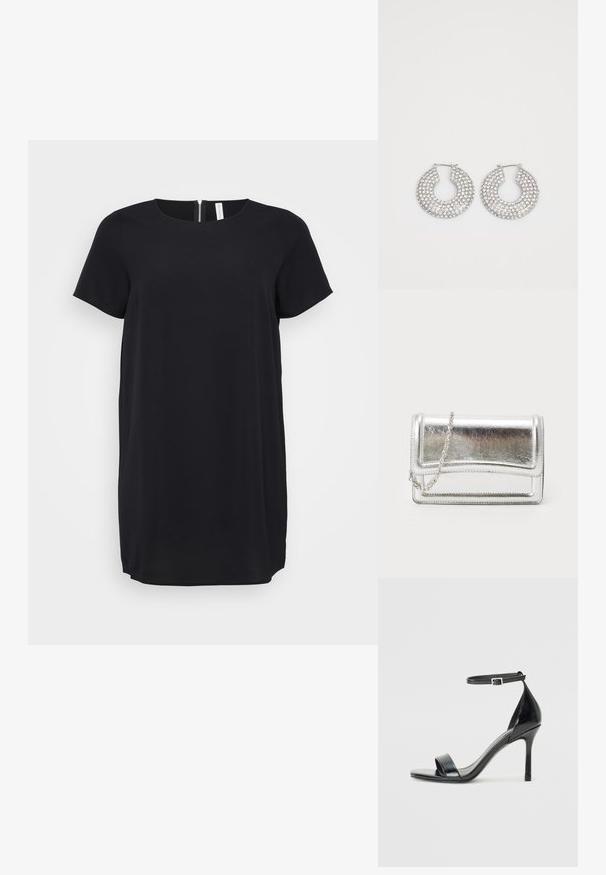 Vestido negro de manga corta con escote redondo y cremallera oculta en la parte trasera. Hecho de una tela suave con corte recto y dobladillo hasta la rodilla.; Sandal de tacón alto de charol negro con punta abierta, una sola tira en la parte frontal y una correa en el tobillo ajustable.; Bolso de mano metálico plateado con textura suave, cierre de solapa y cadena para el hombro. Presenta un diseño rectangular estructurado y acentos cosidos.; Aros de plata en forma de aro adornados con múltiples embellishments de cristal transparente, con una superficie texturizada y un diseño circular abierto.