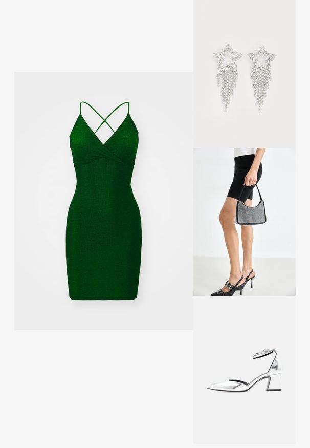 Vestido ajustado verde y con brillo, de escote en V profundo y tirantes entrecruzados. Textura suave, longitud por encima de la rodilla y silueta ajustada.; Zapato plateado metálico con tacón bajo ancho, puntera puntiaguda y hebilla en el tobillo sobre fondo blanco.; Bolso de cuentas negras con una silueta curva, asa de transporte y textura brillante. Llevado con zapatos de tacón altos negros y pantalones cortos negros ajustados.; Pendientes en forma de estrella con strass y detalles de flecos en cascada, con un tono plateado y una superficie brillante y reflectante. Forma de estrella con un diseño intrincado.