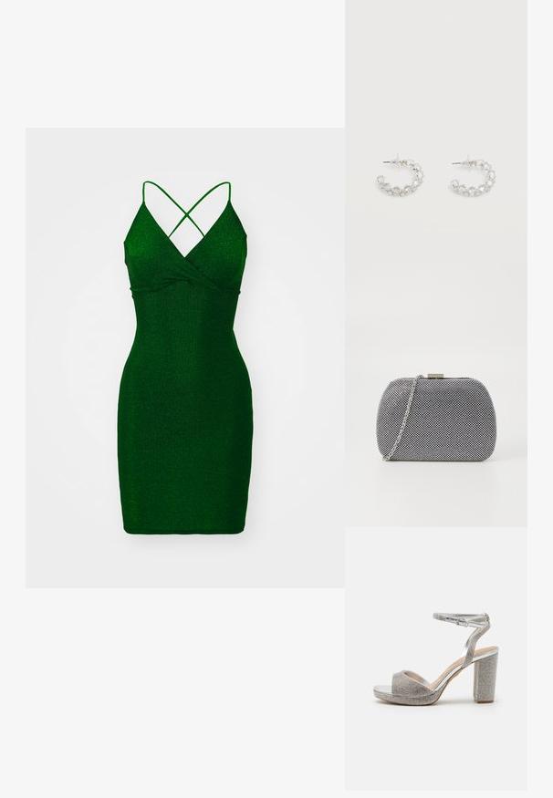 Vestido ajustado verde y con brillo, de escote en V profundo y tirantes entrecruzados. Textura suave, longitud por encima de la rodilla y silueta ajustada.; Sandalias de tacón alto plateadas con punta abierta, adornos de rhinestones brillantes y un tacón grueso. Incluye una correa ajustable en el tobillo.; Bolso de mano texturizado en blanco y negro con forma redondeada, correa de cadena plateada y un cierre de metal en la parte superior.; Pendientes de aro plateados incrustados con cristales facetados transparentes, con cierre de poste y tapones auriculares transparentes sobre un fondo blanco.