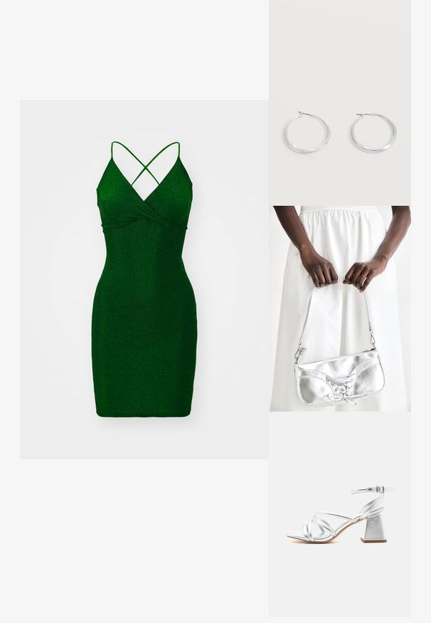Vestido ajustado verde y con brillo, de escote en V profundo y tirantes entrecruzados. Textura suave, longitud por encima de la rodilla y silueta ajustada.; Sandalia plateada con tiras, tacón cuadrado y correa con hebilla en el tobillo, punta abierta y suela lisa sobre fondo blanco liso.; Bolso metálico plateado con detalle de cordones, que presenta un diseño elegante y una correa corta. El bolso está sostenido con las manos, mostrando su textura.; Pendientes de aro de metal plateado con superficie lisa y ligeramente curvada y cierre de tipo mosquetón sobre un fondo blanco liso.