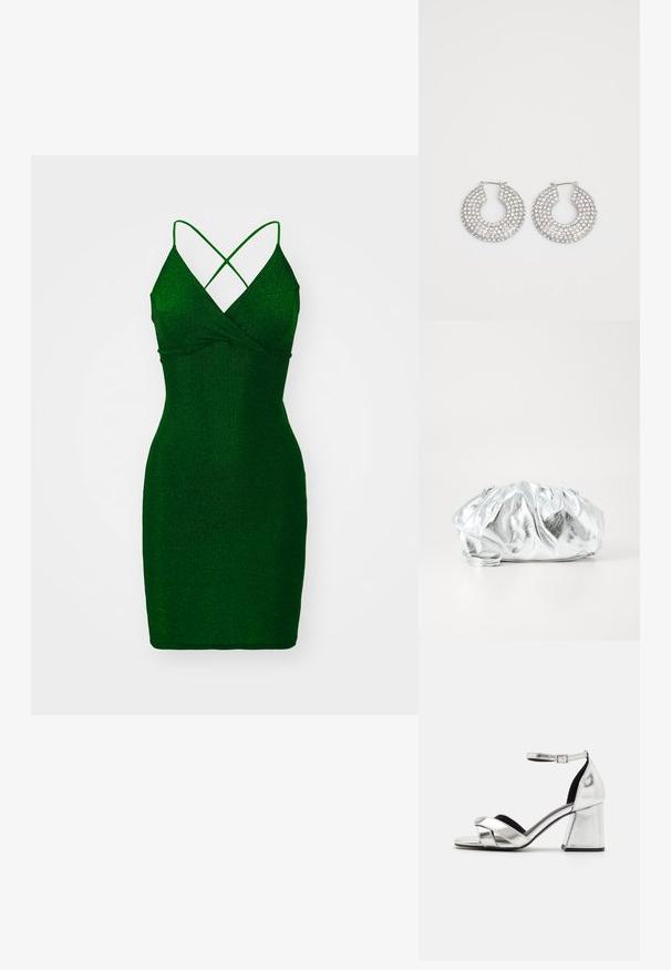 Vestido ajustado verde y con brillo, de escote en V profundo y tirantes entrecruzados. Textura suave, longitud por encima de la rodilla y silueta ajustada.; Sandalias de tacón alto metálicas plateadas con diseño de tiras cruzadas, correa en el tobillo y tacón bloque. Superficie suave con forro interior negro.; Bolso de mano plateado metálico con un cuerpo suave y fruncido y una correa de hombro delgada. Presenta una textura suave y brillante y una forma redondeada.; Aros de plata en forma de aro adornados con múltiples embellishments de cristal transparente, con una superficie texturizada y un diseño circular abierto.