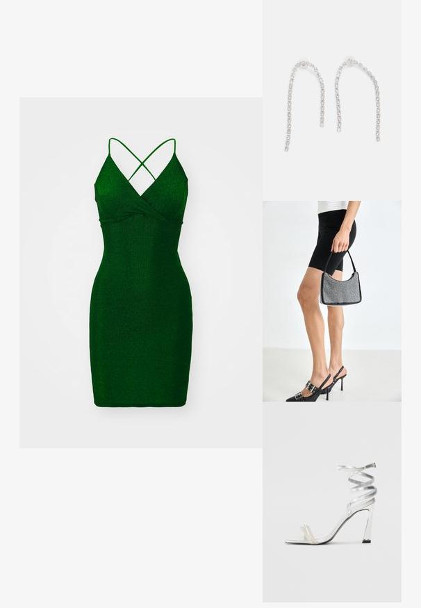 Vestido ajustado verde y con brillo, de escote en V profundo y tirantes entrecruzados. Textura suave, longitud por encima de la rodilla y silueta ajustada.; Sandaia de tacón alto plateada con un diseño de tira brillante, que cuenta con un acento similar a una perla y una correa en espiral en el tobillo para un ajuste seguro.; Bolso de cuentas negras con una silueta curva, asa de transporte y textura brillante. Llevado con zapatos de tacón altos negros y pantalones cortos negros ajustados.; Pendientes de plata con cadenas colgantes, adornados con múltiples piedras preciosas transparentes dispuestas en un patrón lineal, que ofrecen un efecto deslumbrante.
