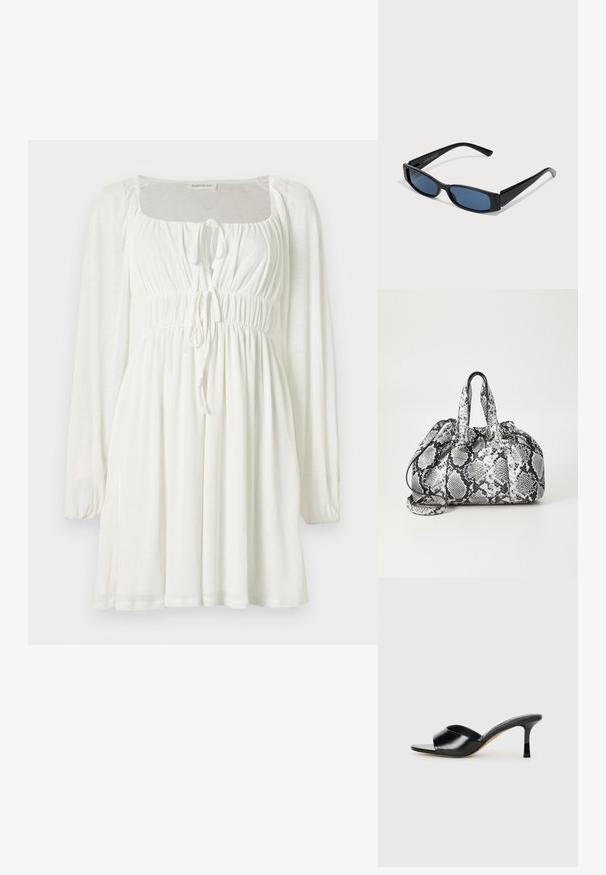 Robe mini blanche à manches longues avec encolure carrée, bustier et taille froncés, et deux liens à l'avant pour ajustement.; Mules à talons hauts en cuir noir avec un design à bout ouvert et une large sangle supérieure incurvée. Texture lisse et silhouette élégante.; Lunettes de soleil noires avec une monture rectangulaire élégante et des verres bleus. Présente une texture lisse et des branches robustes. Logo de la marque sur le côté.; Sac à main en motif peau de serpent noir et blanc avec deux poignées, une fermeture à cordon et une bandoulière amovible. Texture lisse.