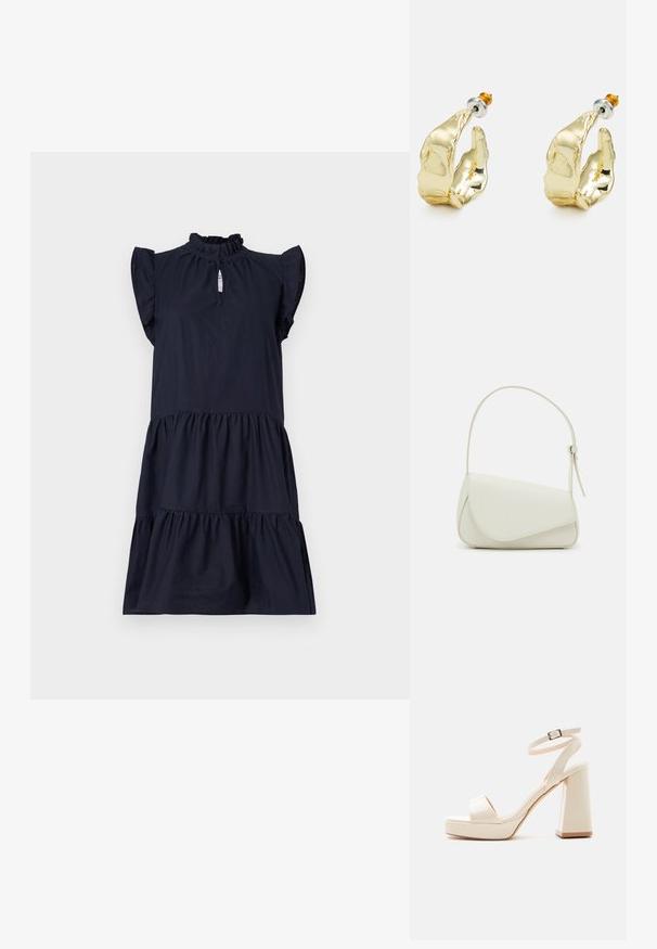Un vestido azul marino hecho de una tela ligera, que presenta un escote con volantes y mangas cortas con un diseño de capas en el dobladillo.; Sandalia de plataforma beige con tacón grueso de bloque, puntera abierta y correa en el tobillo con hebilla metálica sobre fondo blanco.; Bolso de mano de imitación cuero blanco con una forma triangular estructurada, correa ajustable única y cierre con solapa acentuada en curva.; Pendientes en tono dorado con forma de manos abstractas, que presentan una superficie brillante, detalles intrincados y un poste de plata y oro para un ajuste seguro.