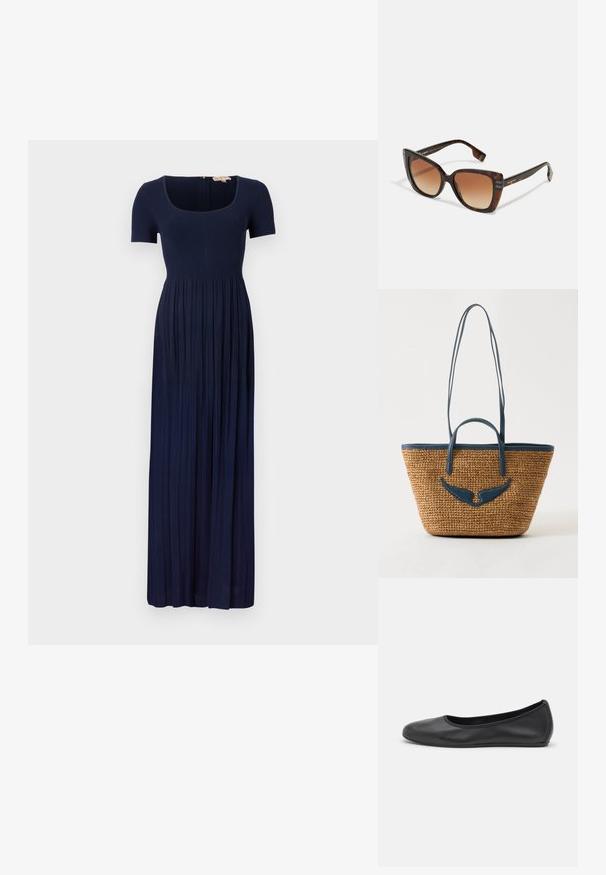Navyblaues, geripptes Maxikleid mit kurzen Ärmeln, quadratischer Ausschnitt und gefälteltem Rock. Verfügt über einen Reißverschluss im Rücken.; Schwarze Leder-Ballettschuhe mit abgerundeter Spitze, glatter Textur, minimalen Nähdetails und einem flexiblen Sohlen-Design.; Sonnenbrille im Schildpatt-Muster mit einem geometrischen, übergroßen Design und braunen Verlaufsgläsern. Verfügt über stabile Bügel mit Markenkennzeichnung.; Gewebte Strohtasche mit marineblauem Lederbesatz, zwei kurzen Griffen, langen Schulterriemen und flügelförmigem Lederdetail vorne.